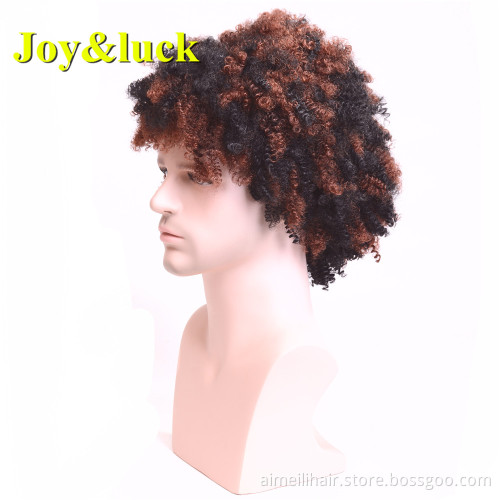 Male Black Ombre Brown Color Wholesale Wigs for Men Daily or Party Short Natural Afro Kinky Curly Men Wigs Synthetic Hair Wigs